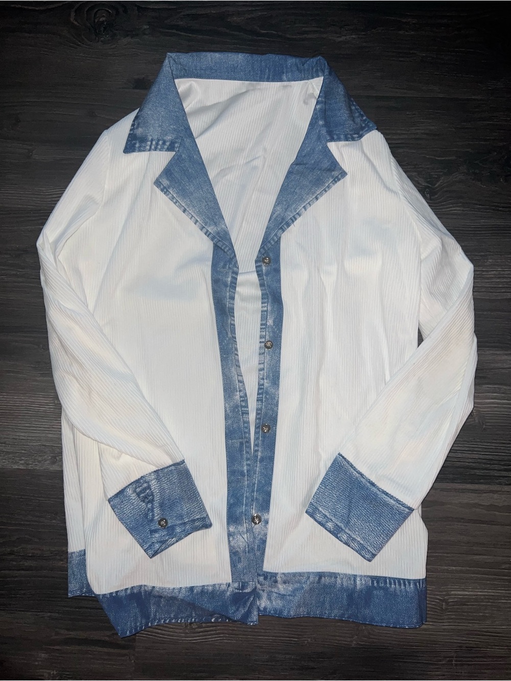 NEW without tags white faux denim trim woman’s shirt/jacket